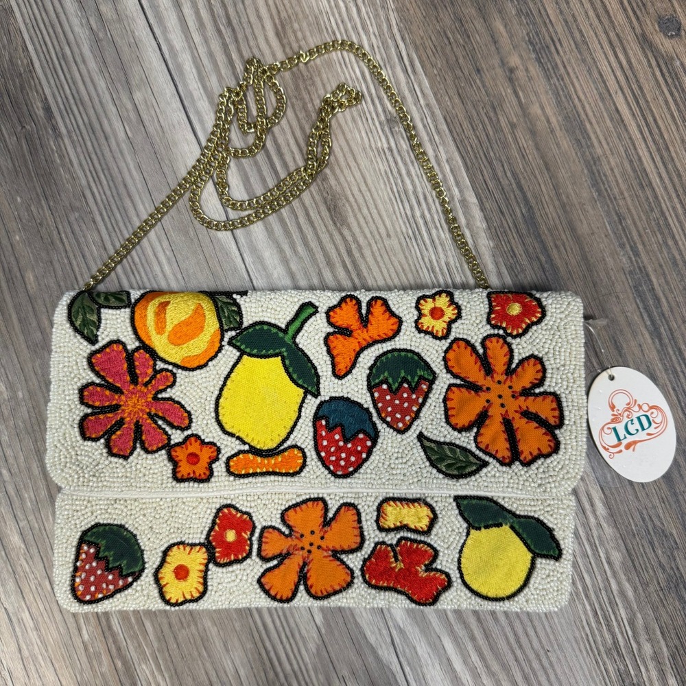 Tropical Resortwear Beaded Fruit Floral Clutch Crossbody Bag Boho Vacation NEW